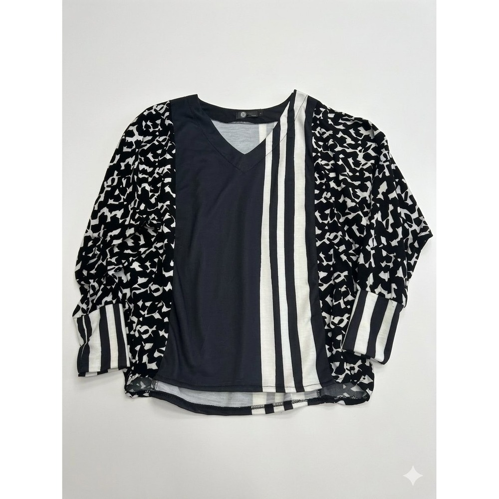 M Top Women Small Black White Mixed Print V-Neck Made in Italy